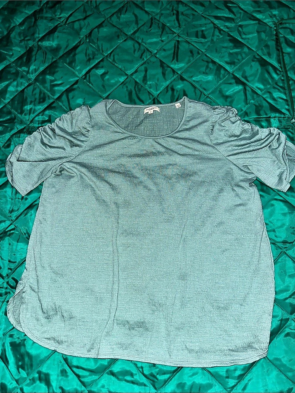 Max Studio London Ruched Sleeve Scoop Neck Top Green 1X